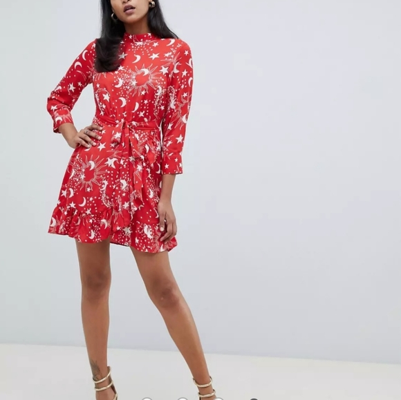 asos wrap front mini dress with high neck in star print - Picture 4 of 5